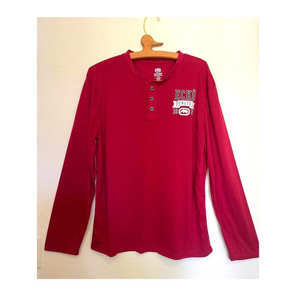 Men's Ecko Unlimited Logo Red Button Neck Long Sleeve Henley SIZE L - Picture 1 of 6